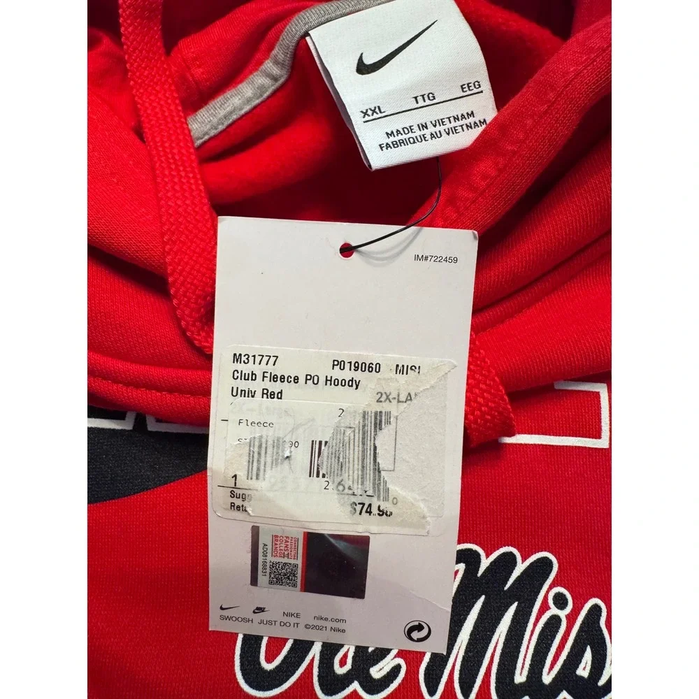 Nike Ole Miss Rebels Club Fleece Hoodie Mens XXL University Red M31777 New